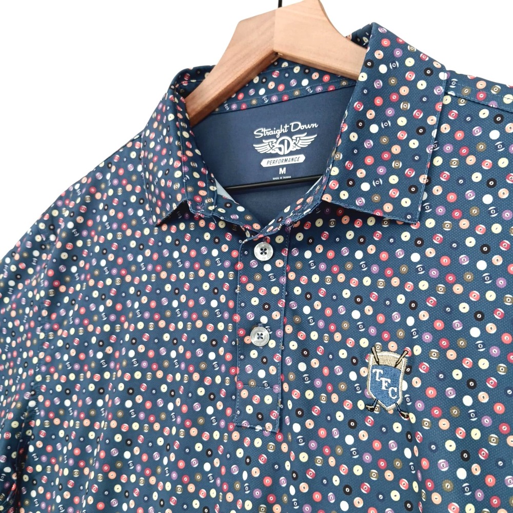 Straight Down Golf Polo Shirt Mens Medium Pool Balls Geometric Stretch TFC Logo